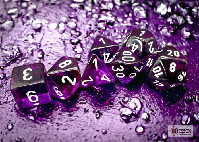 Translucent Purple/white Polyhedral 7-Dice Set - dice emporium