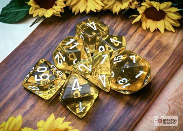 Translucent Yellow/white Polyhedral 7-Dice Set - dice emporium