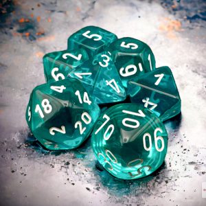 Translucent Teal/white Polyhedral 7-Dice Set - dice emporium