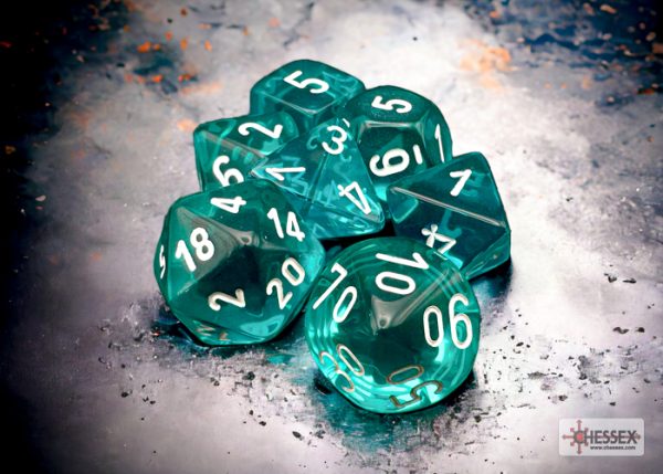 Translucent Teal/white Polyhedral 7-Dice Set - dice emporium