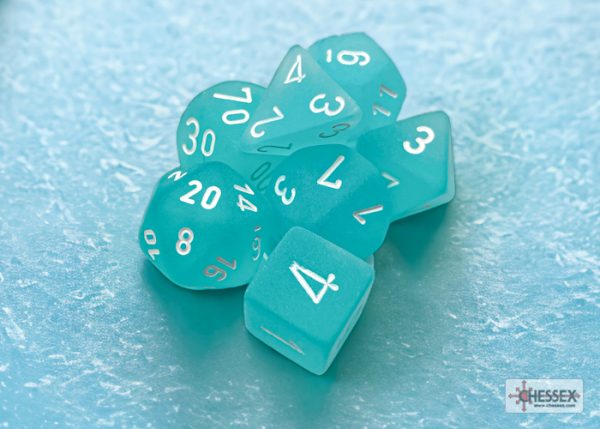 Frosted Teal/white Polyhedral 7-Dice Set 27405 - dice emporium