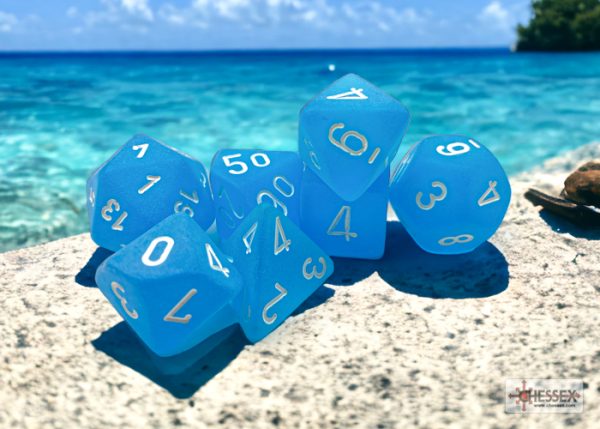 Frosted Caribbean Blue/white Polyhedral 7-Dice Set 27416 - dice emporium