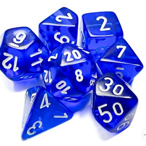 Translucent Blue/white Polyhedral 7-Dice Set - dice emporium