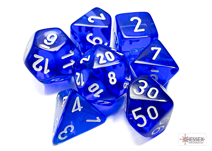 Translucent Blue/white Polyhedral 7-Dice Set - dice emporium