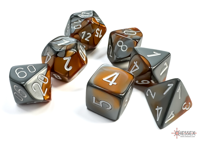 Gemini Copper-Steel/white Polyhedral 7-Dice Set 26424 - dice emporium