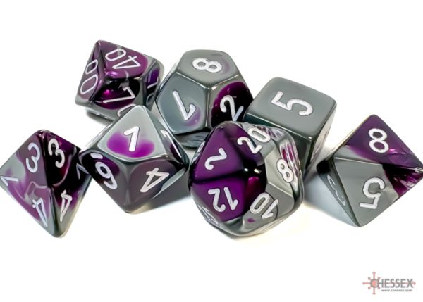 Gemini Purple-Steel/white Polyhedral 7-Dice Set 26432 - dice emporium