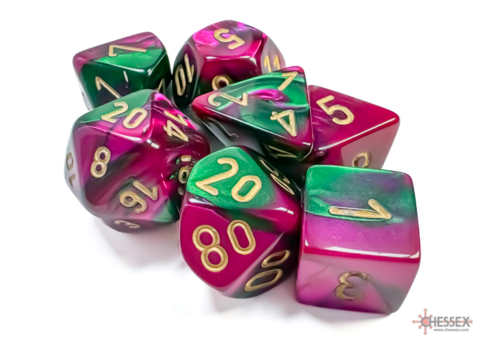 Gemini Green-Purple/gold Polyhedral 7-Dice Set 26434 - dice emporium