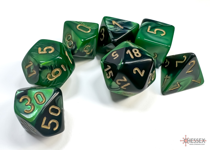 Gemini Black-Green/gold Polyhedral 7-Dice Set 26439 - dice emporium