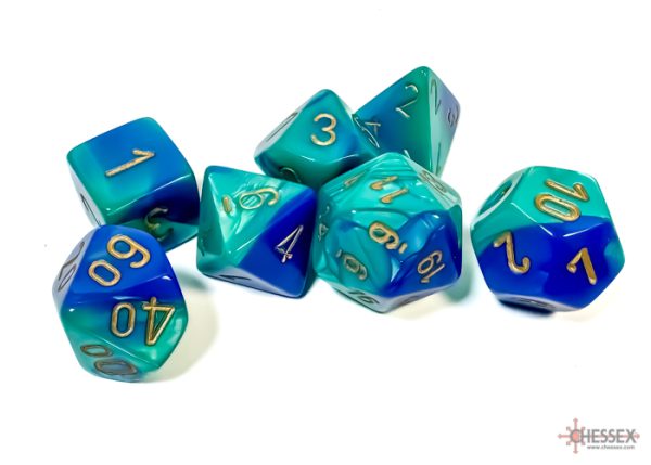 Gemini Blue-Teal/gold Polyhedral 7-Dice Set 26459 - dice emporium