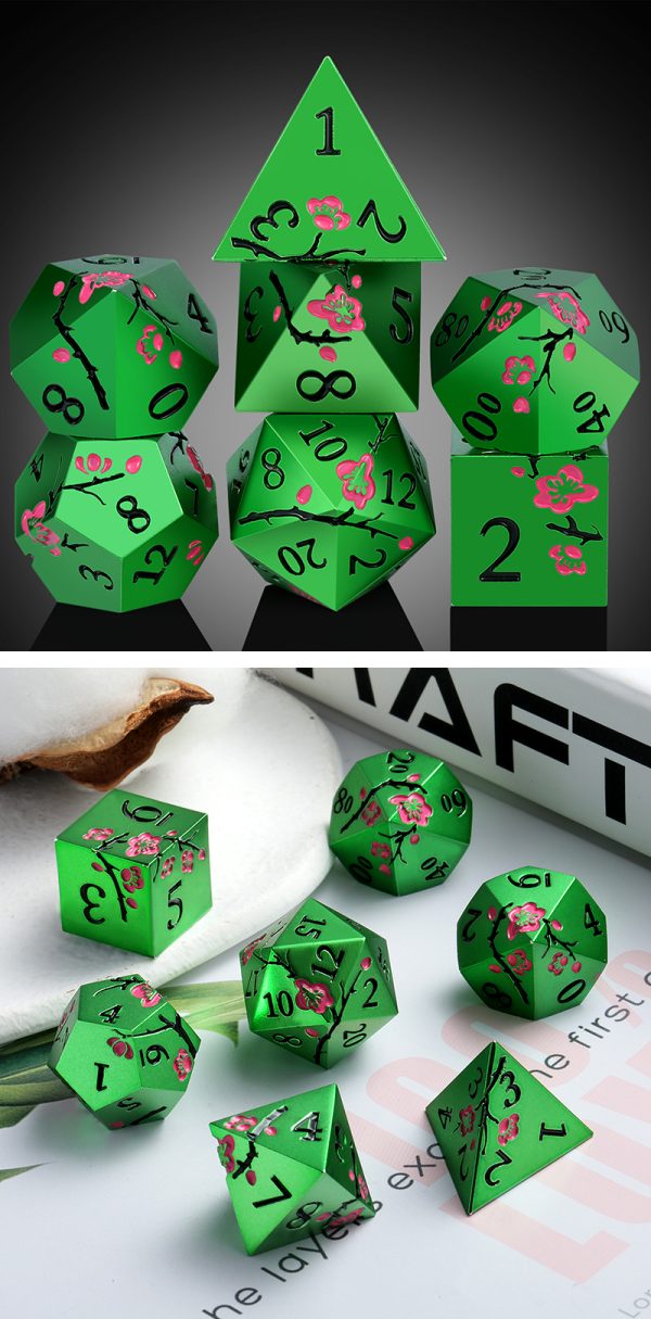 Green Sakura 7 Die Metal & Enamel Dice Set -DiceEmporium.com