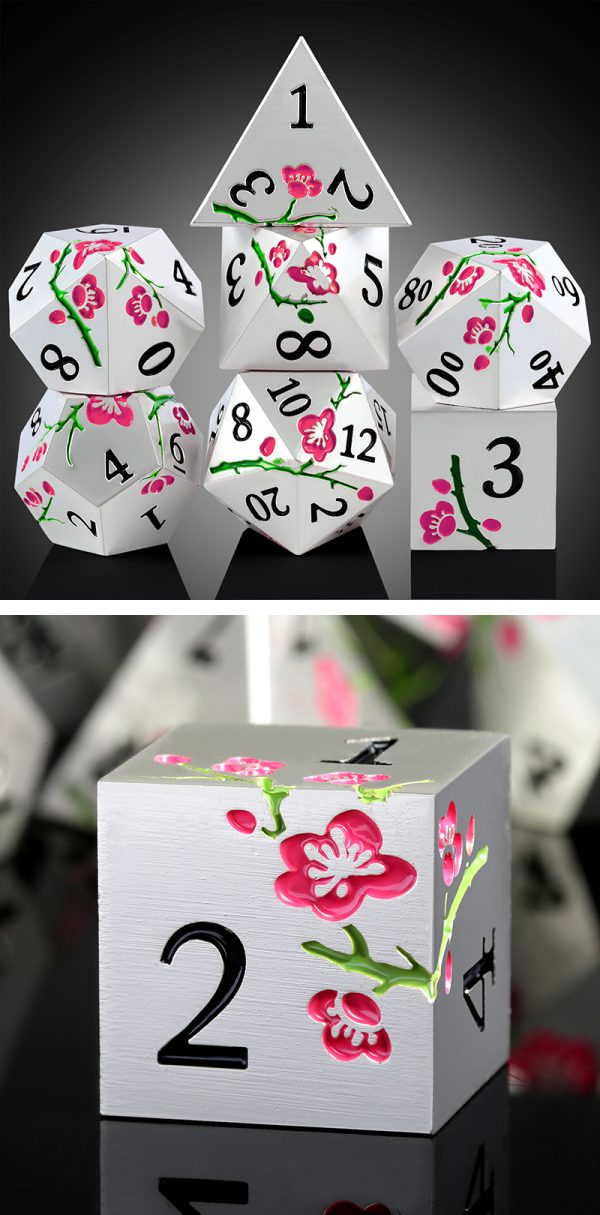 Silver & Pink Sakura 7 Die Metal & Enamel Dice Set -DiceEmporium.com