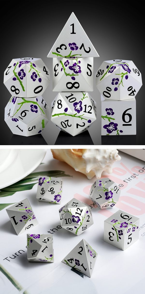 Silver & Purple Sakura 7 Die Metal & Enamel Dice Set -DiceEmporium.com