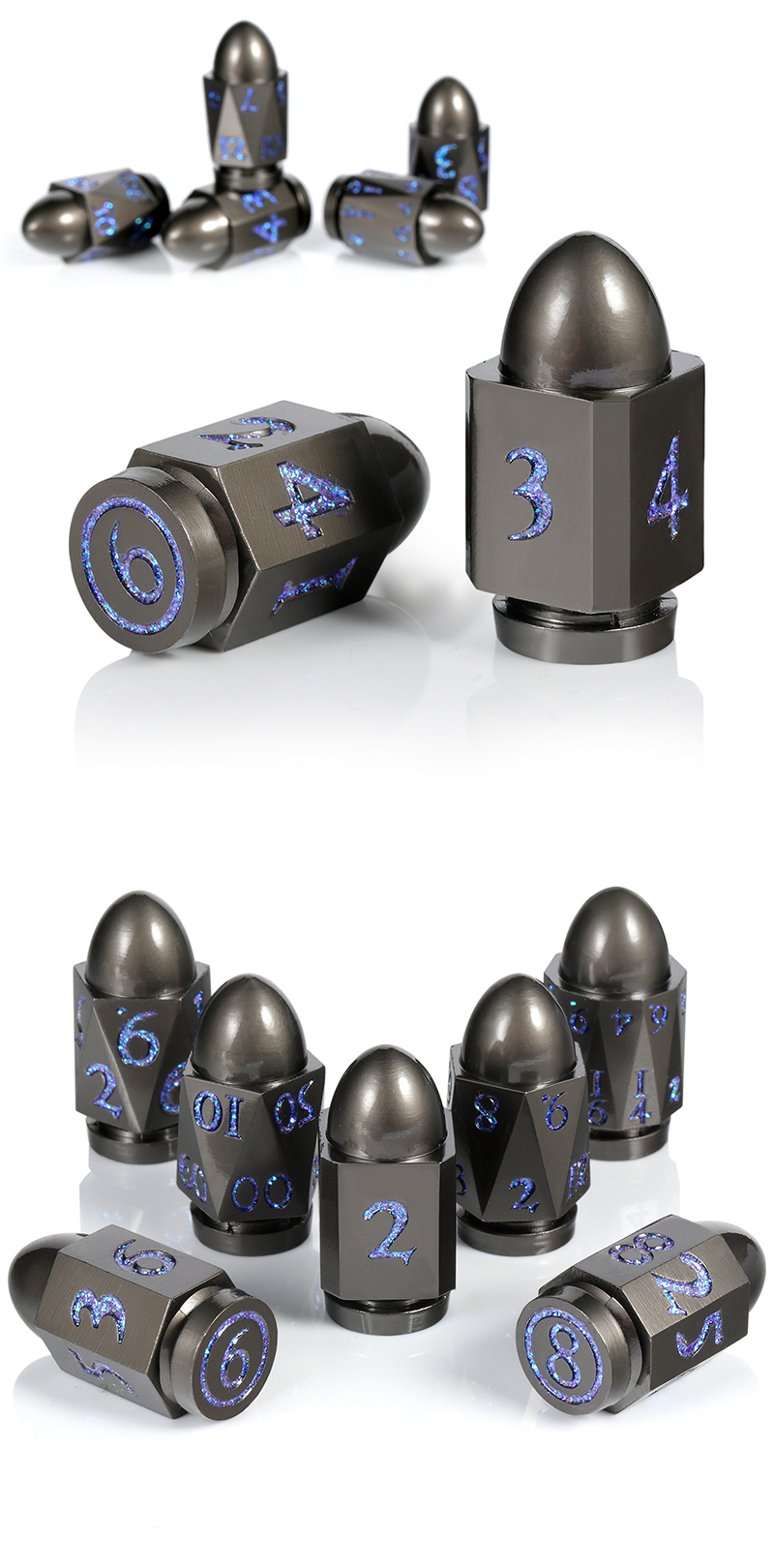 Bullet - Blue & Gunmetal 7 Die Metal & Enamel Dice Set -DiceEmporium.com