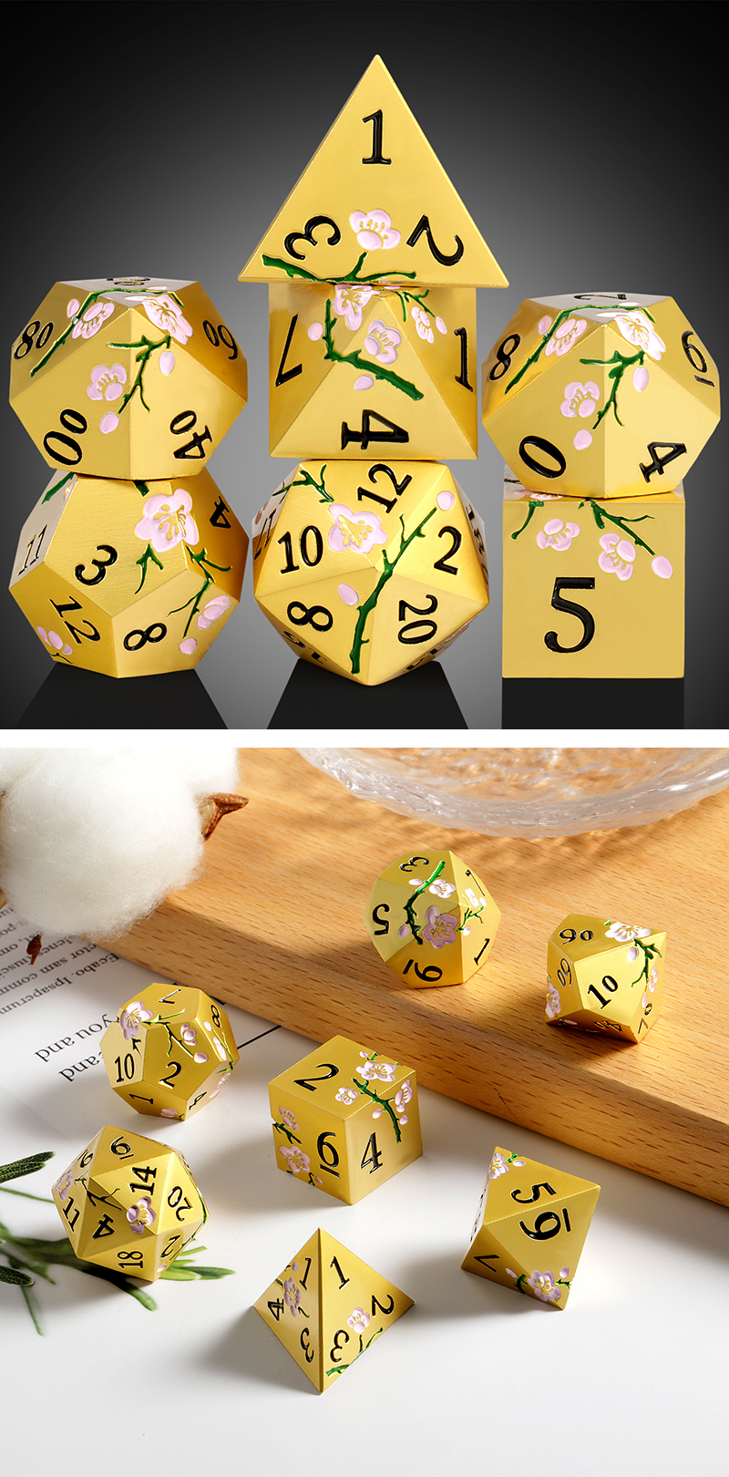 Sakura Gold & Pink 7 Die Metal & Enamel Dice Set -DiceEmporium.com