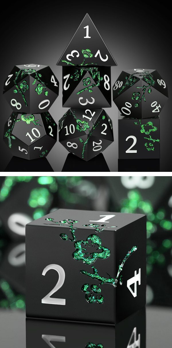 Sakura Black & Green 7 Die Metal & Enamel Dice Set -DiceEmporium.com