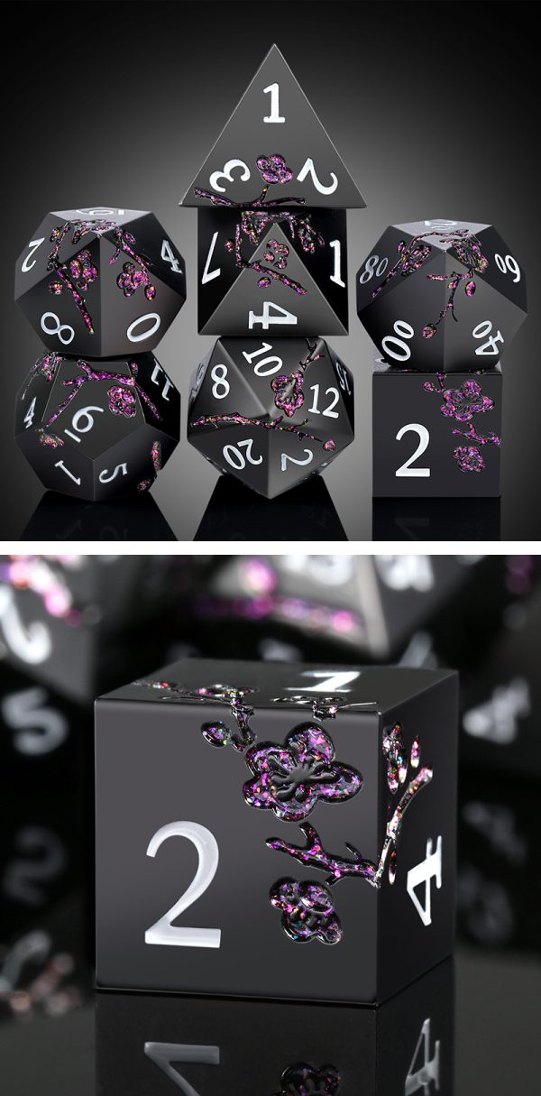 Sakura Black & Magenta 7 Die Metal & Enamel Dice Set -DiceEmporium.com