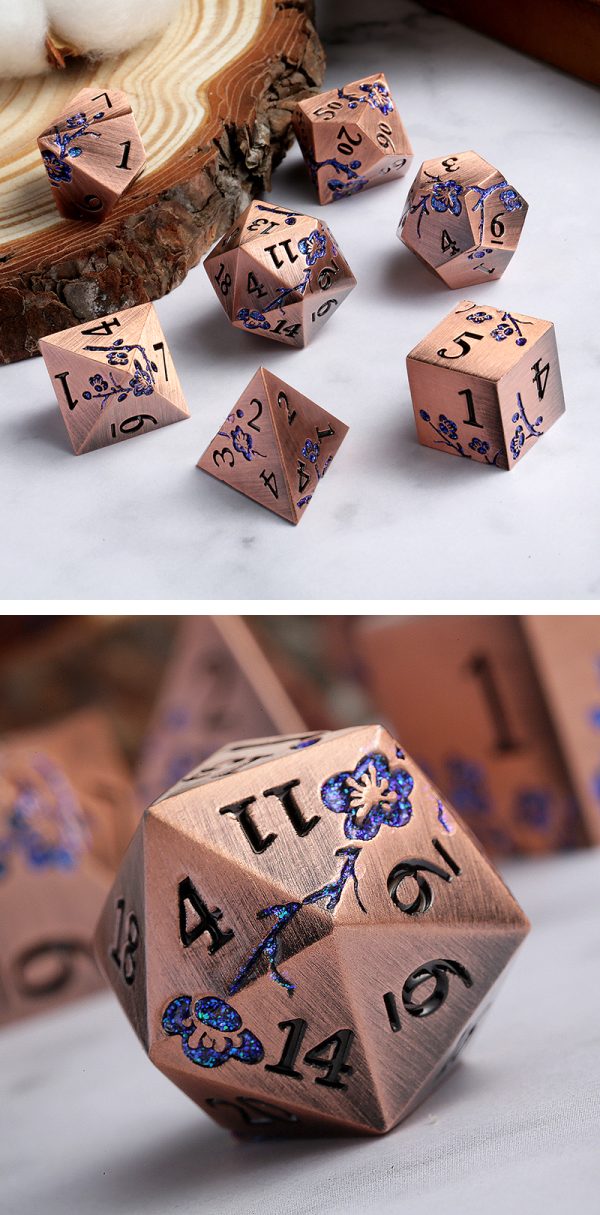 Sakura Copper & Blue 7 Die Metal & Enamel Dice Set -DiceEmporium.com