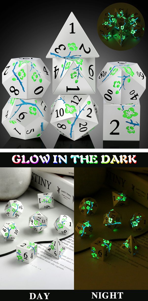 Sakura Silver & Green Glow 7 Die Metal & Enamel Dice Set -DiceEmporium.com