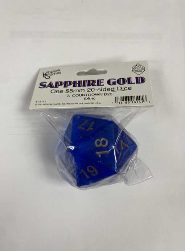 55mm Sapphire/gold 20-sided die -DiceEmporium.com