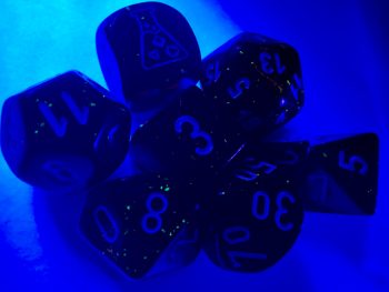 Borealis Blood Orange/white Luminary Polyhedral 7-Dice Set (with bonus die) - dice emporium