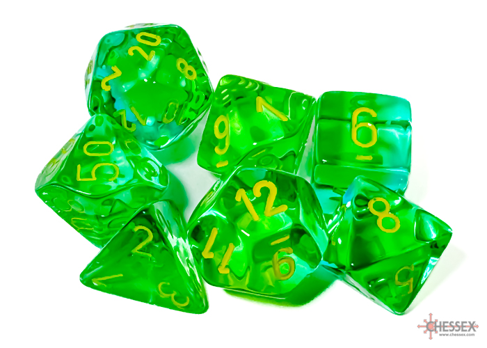 Gemini Translucent Green-Teal/yellow Polyhedral 7-Dice Set 26466 -DiceEmporium.com