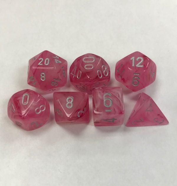 Signature Ghostly Glow Pink with Silver Numbers. Polyhedral 7 Die Set from Chessex